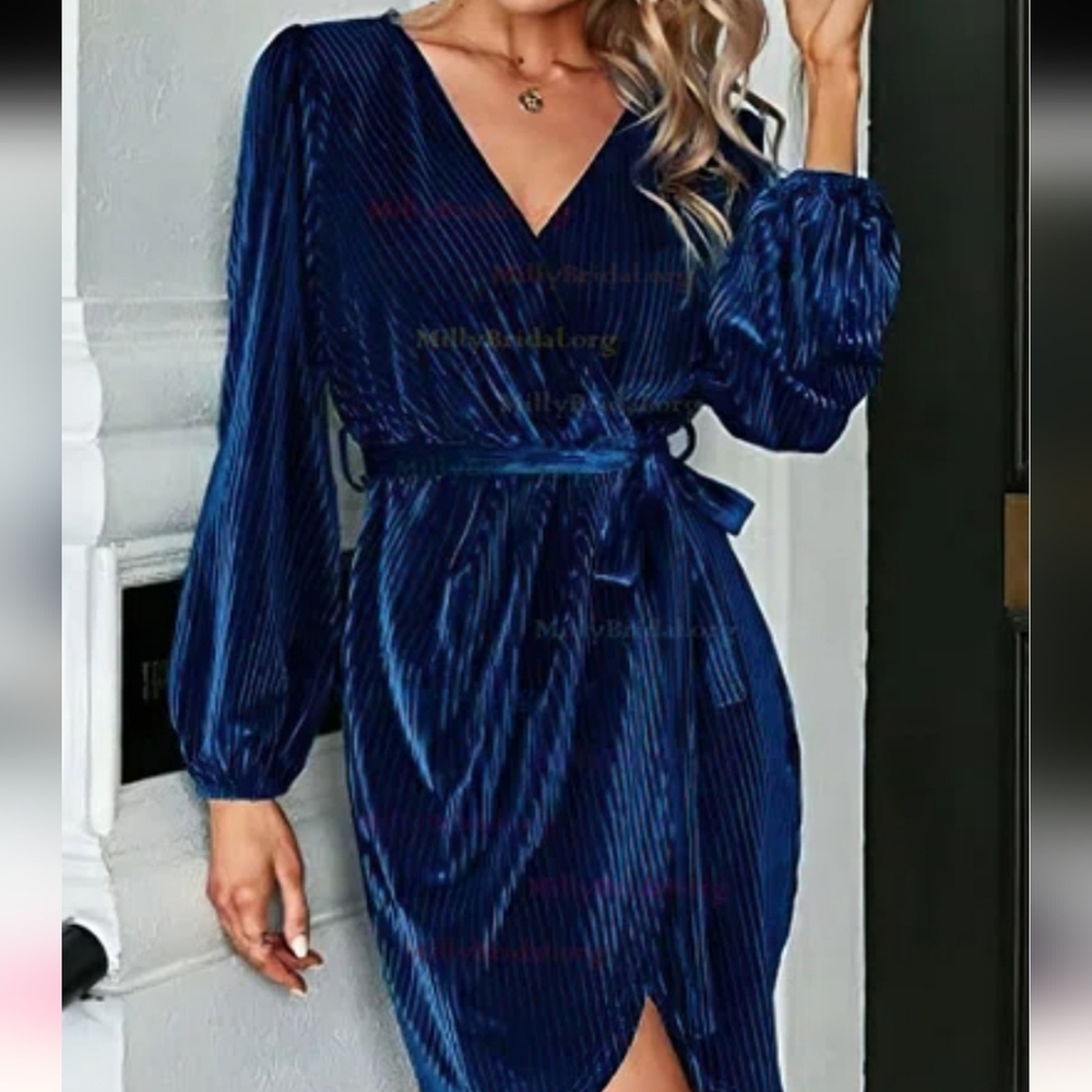 Simplee Longsleeve Mini Dress Size Large Velvet Blue Belted Faux Wrap Cocktail